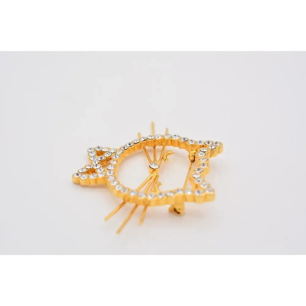 Vintage Cat Pin Brooch Sparkling Rhinestone Crystal Gold Tone Heavy 1990s BinAT